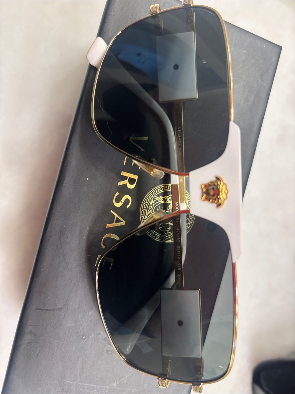Versace White and Gold Aviator Sunglasses with Black Lenses Medallion